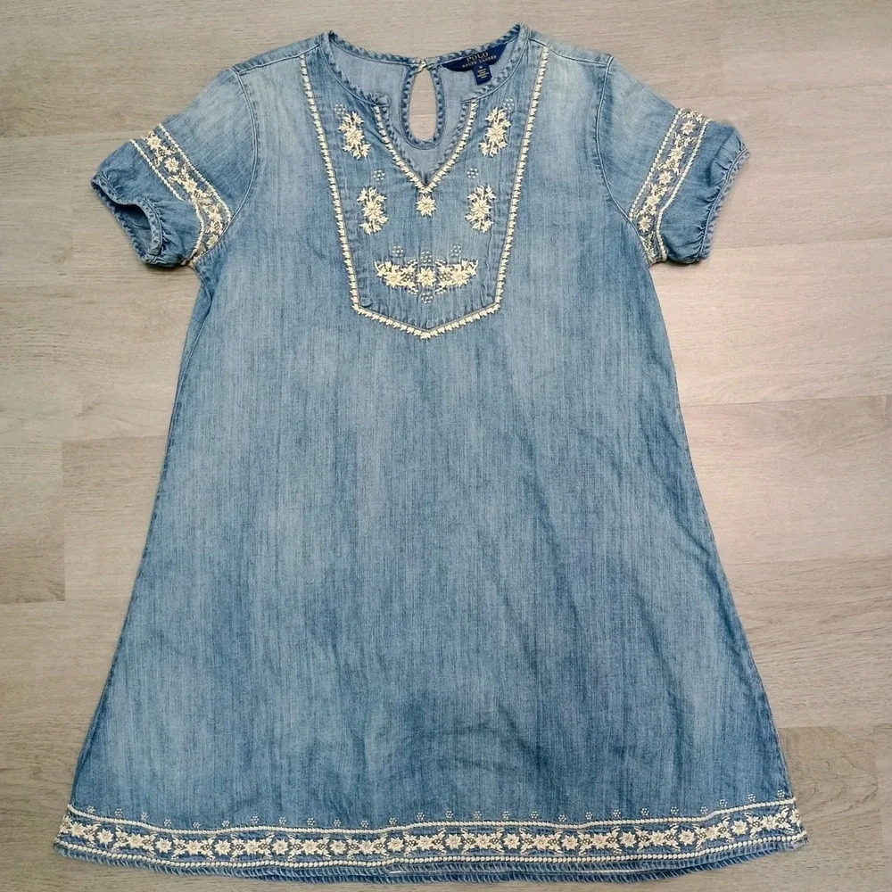 Ralph Lauren Denim Chambray Blue Embroidered Floral Dress Girls 14